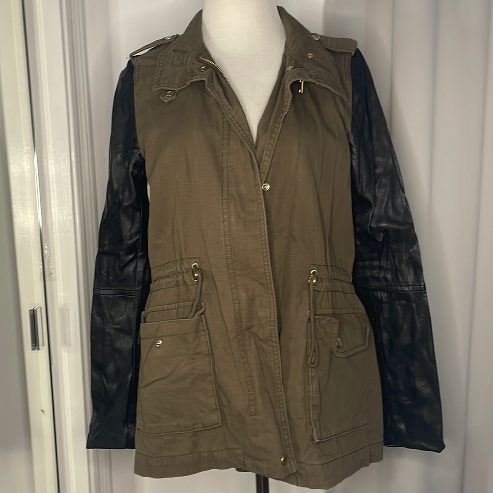Olive colored denim utility zippered jacket w/ leather sleeves from H&M size 12